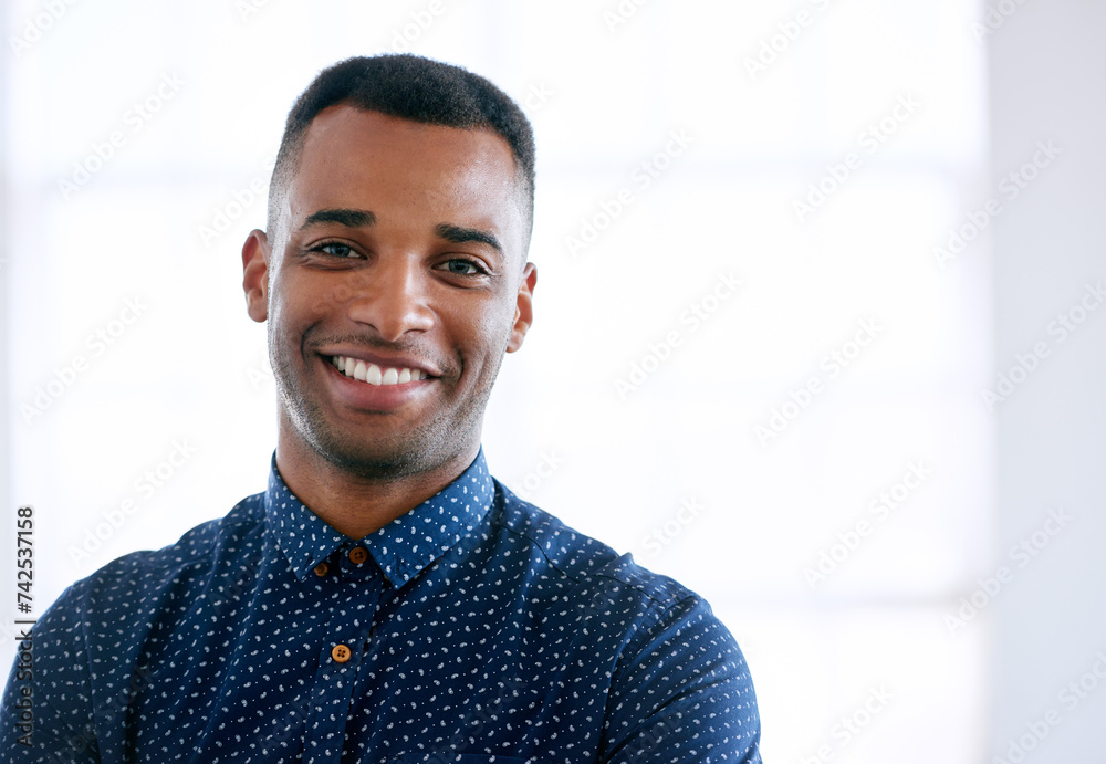 Business, portrait and happy black man in office, workplace or startup company for job of employee. Face, smile and creative professional, entrepreneur or designer working on career in South Africa Business, portrait and happy black man in office, workplace or startup company for job of employee. Face, smile and creative professional, entrepreneur or designer working on career in South Africa