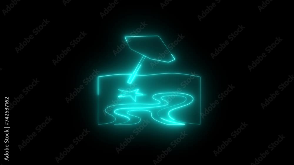 Neon glowing cyan beach icon animation in black background Neon glowing cyan beach icon animation in black background