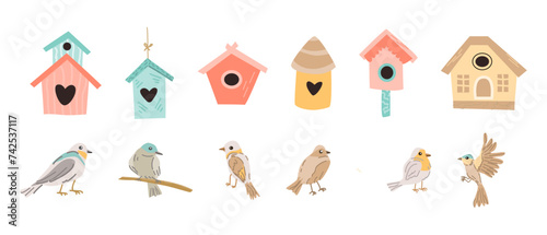 Spring birds and birdhouses set in flat, wooden birdhouses. Vector illustration in flat style. Spring animals and branches, birdhouses can used for cards, stickers, posters, templates. banners