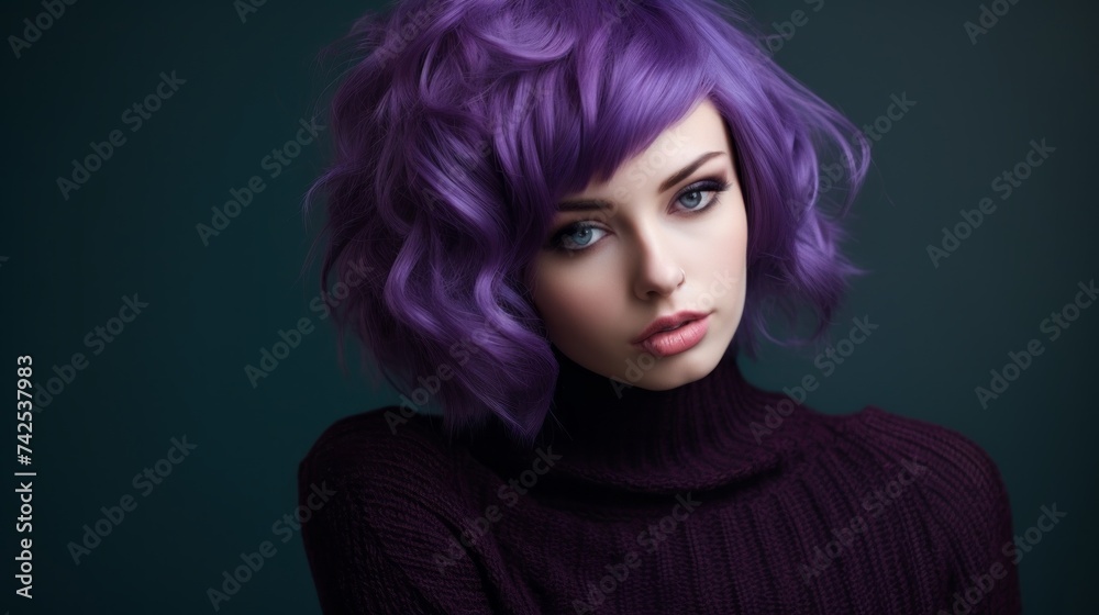 Close-up portrait of a beautiful young woman with purple hair on a dark background. Hair coloring, Fashion, New trends concepts.