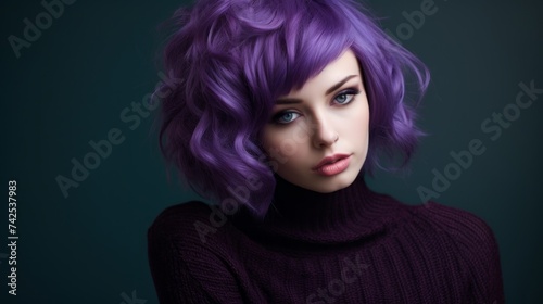 Close-up portrait of a beautiful young woman with purple hair on a dark background. Hair coloring, Fashion, New trends concepts.