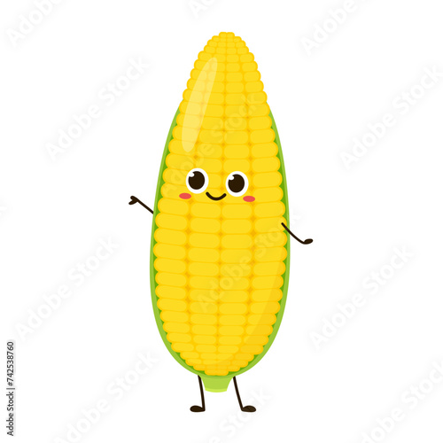 Corn cartoon vector. Cute vegetable vector character isolated on white. Corn mascot.