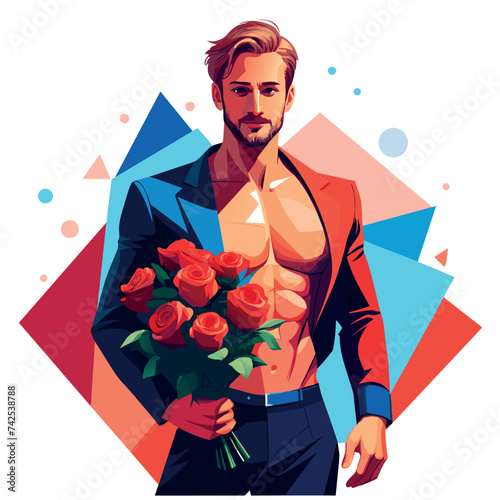 Women's day handsome brutal man with a large bouquet of roses in his hands illustration on white background