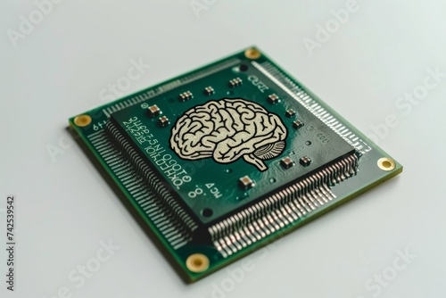 AI Brain Chip craniopharyngioma. Artificial Intelligence computer human brain based cpu mind circuit board. Neuronal network visual effects smart computer processor central vision photo