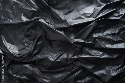 Processed collage of black cellophane garbage bag texture. Background for banner, backdrop