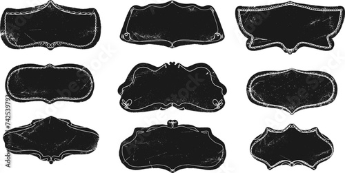 Large set of frames, tags, graphics. In the style of linocut, print, ink. Vector..