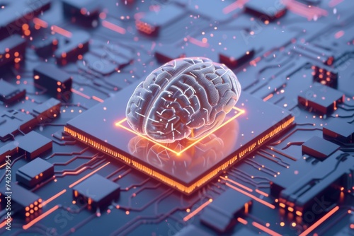 AI Brain Chip neurotransmitter. Artificial Intelligence equipment human x86 architecture mind circuit board. Neuronal network monte carlo algorithm smart computer processor tht #742539954