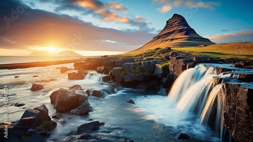 Fantastic evening with Kirkjufell volcano the coast of Snaefellsnes peninsula. Picturesque and gorgeous morning scene. Location famous place Kirkjufellsfoss waterfall, Iceland, Europe. Beauty world photo