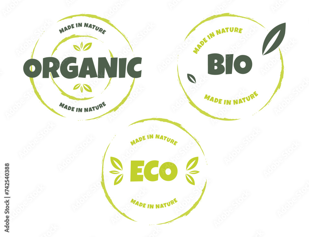 Eco, bio, organic and natural products sticker, label, badge and logo. Ecology icon. Logo template with green leaves for organic and eco friendly products. Vector illustration