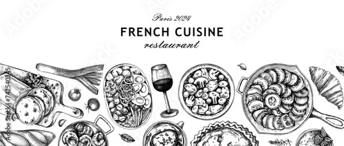 French food background. Traditional food from France sketches. European cuisine restaurant menu design template. Hand-drawn vector illustration, NOT AI generated