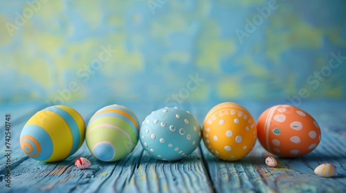 Easter eggs in vibrant colors arranged on rustic blue wood background