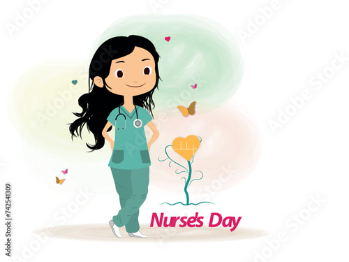 Nurse's day.nurse with her green suit of shirt and trousers and next to her a heart with an electrocardiogram.on a light background.