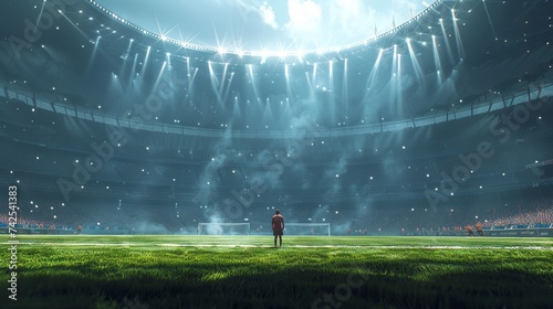 Illustrate the intense focus of a player taking a penalty kick, where anticipation and silence fill the stadium