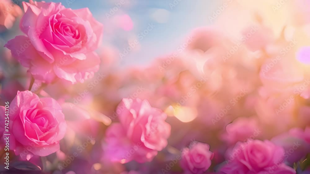 Pink roses in blue sky with sunlight soft blurred effect, Backdrop pink roses,Flowers wall background,Wedding decoration 4k video. Beautiful rose field copy space