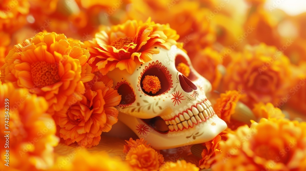 3D rendition of marigold flowers in a Day of the Dead celebration