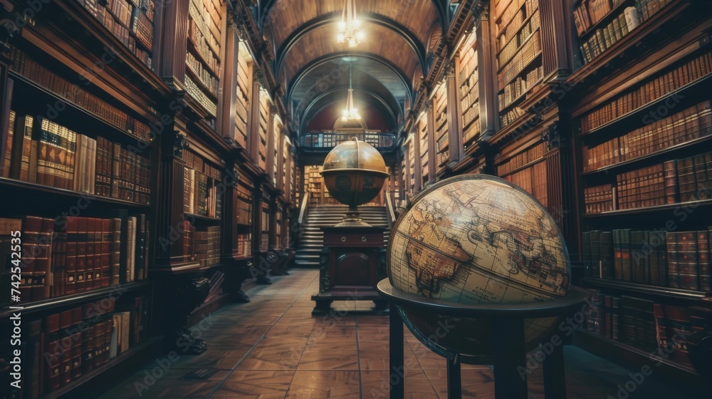 A magical library filled with ancient books each possessing unique secrets - obrazy, fototapety, plakaty 