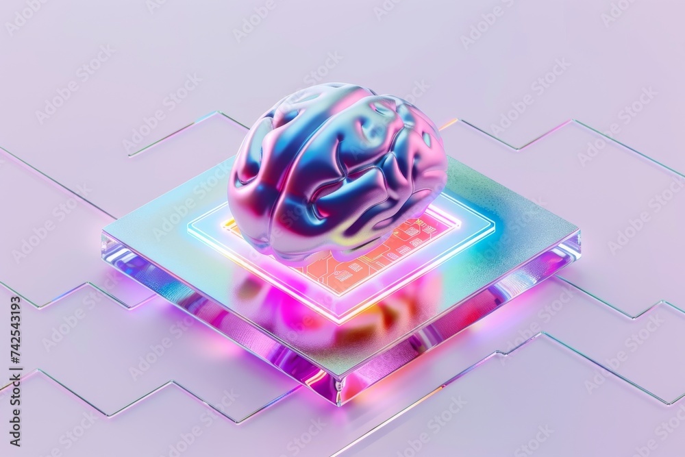AI Brain Chip pmic. Artificial Intelligence management mind brain computer interface chip axon. Semiconductor brain embedded technology circuit board register - obrazy, fototapety, plakaty 