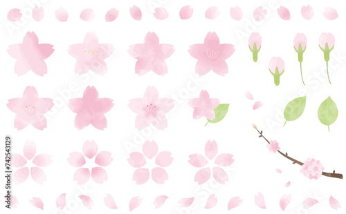 手描き水彩風の桜や葉っぱのベクターイラストセット