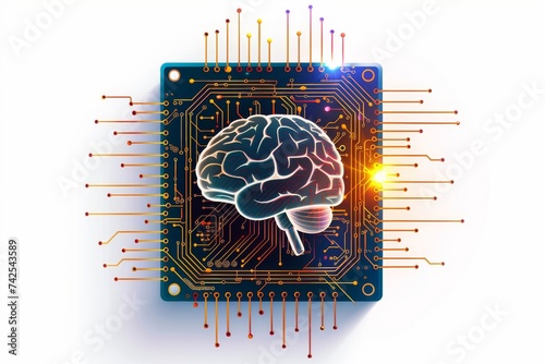 AI Brain Chip control. Artificial Intelligence backup mind cognitive prosthesis axon. Semiconductor autoencoders circuit board field programmable gate array photo