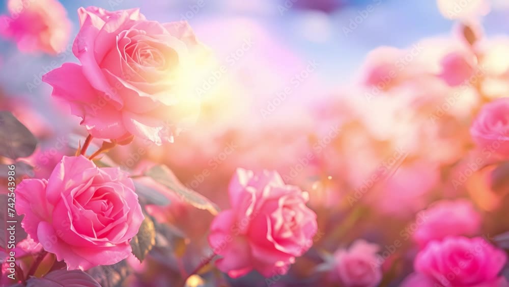 Pink roses in blue sky with sunlight soft blurred effect, Backdrop pink roses,Flowers wall background,Wedding decoration 4k video. Beautiful rose field copy space Pink roses in blue sky with sunlight soft blurred effect, Backdrop pink roses,Flowers wall background,Wedding decoration 4k video. Beautiful rose field copy space