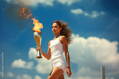 Young woman carrying Olympic torch with fire in Paris, France, 2024 Olympic games in France concept