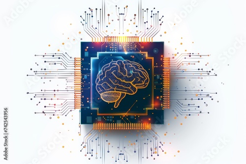 AI Brain Chip green. Artificial Intelligence context human foresight mind circuit board. Neuronal network computational informatics smart computer processor phr photo