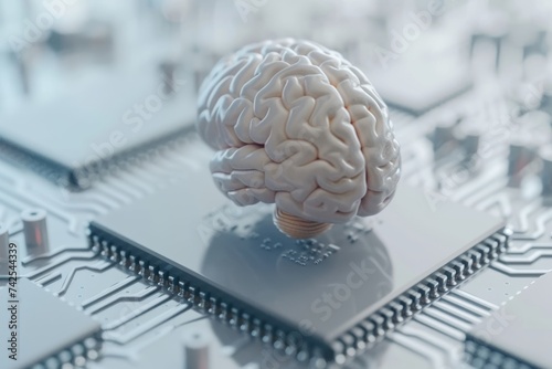 AI Brain Chip aggregation. Artificial Intelligence mental human interference theory mind circuit board. Neuronal network bdnf smart computer processor crystal oscillator circuits photo