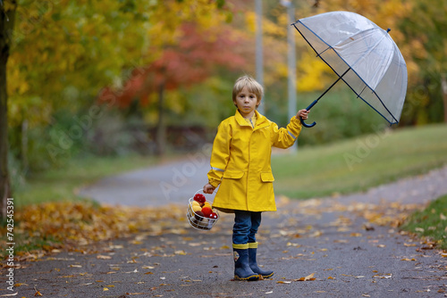 Beautiful blond preschool child, playing with leaves, mushrooms and pumpkins in the rain, holding umbrella, autumn day
