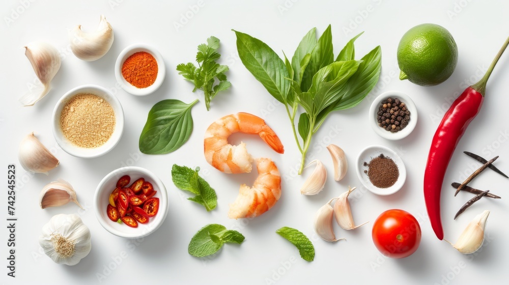 Set of Asian spices on white background. Ingredients for tom yum soup Set of Asian spices on white background. Ingredients for tom yum soup