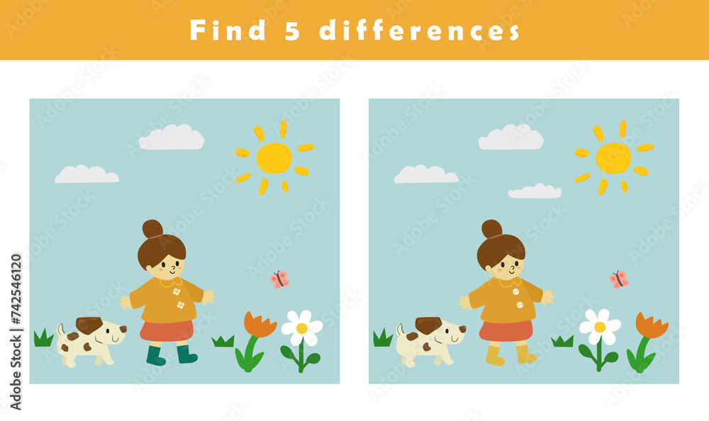 Find differences game for children. Educational activity with girl and cute dog  illustration. Spot the differences for kids.	