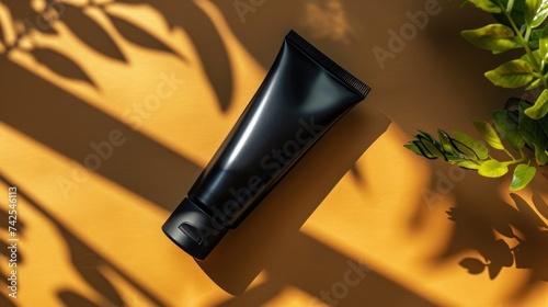 A bird's eye view of a black tube of face cream under sunlight. The container...