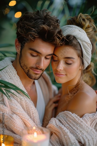 A calm couple wearing spa headbands, relishing a tranquil moment surrounded b...