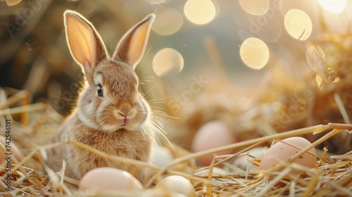 cute eater natural background with eggs and bunny and copy space for text