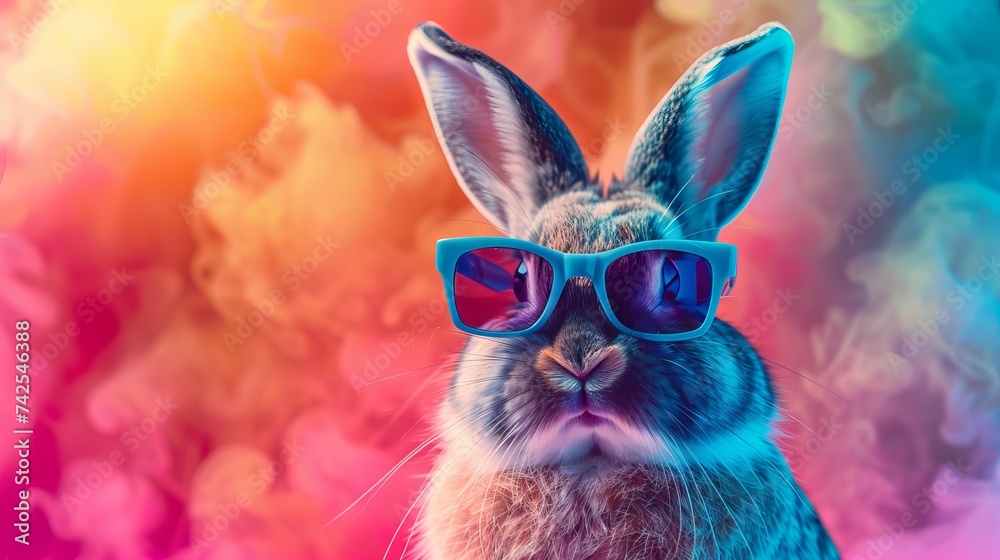Cute and funny rabbit wearing stylish shades against a vibrant backdrop of rainbow colors