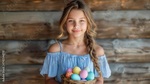 A beautiful girl in a blue sundress stands and looks at the camera smiling ag...