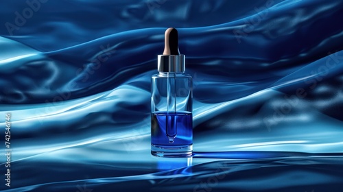 Serum mockup in a dropper bottle on a blue abstract background with play of l...