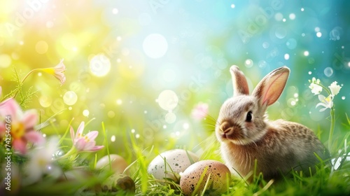 spring eater vibrant background with eggs and bunny and copy space for text