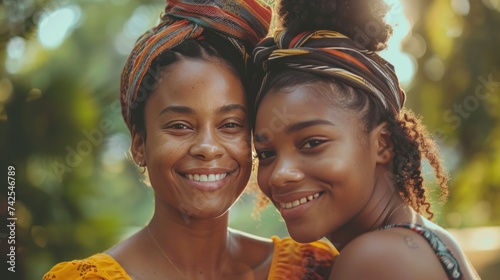 An African American mother embracing her teenage daughter with smiles