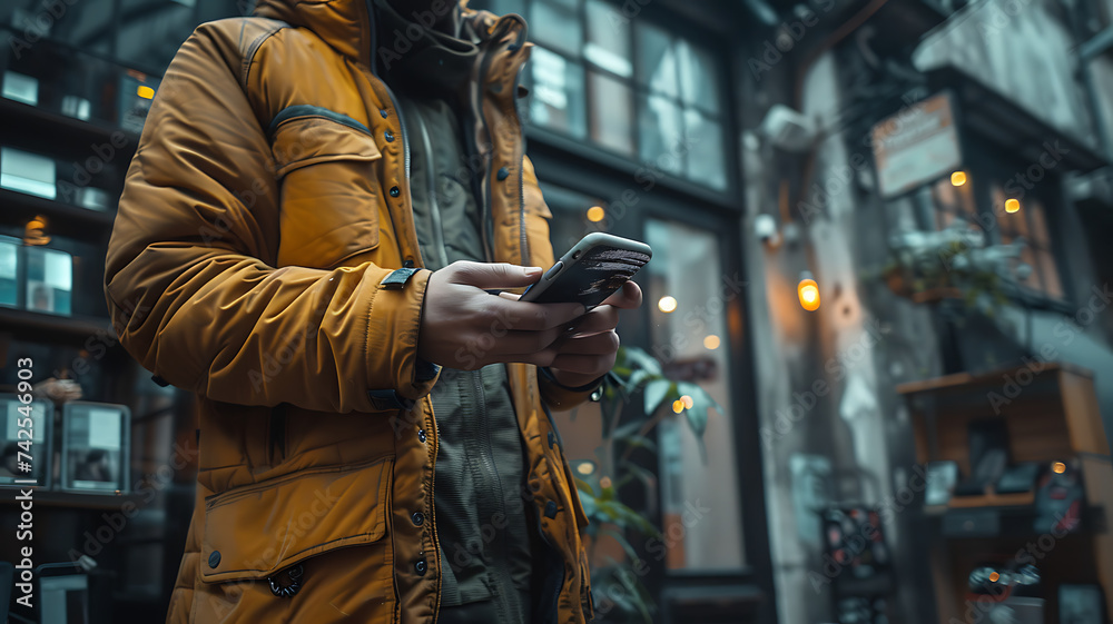 man interacting with his phone on a city street man interacting with his phone on a city street