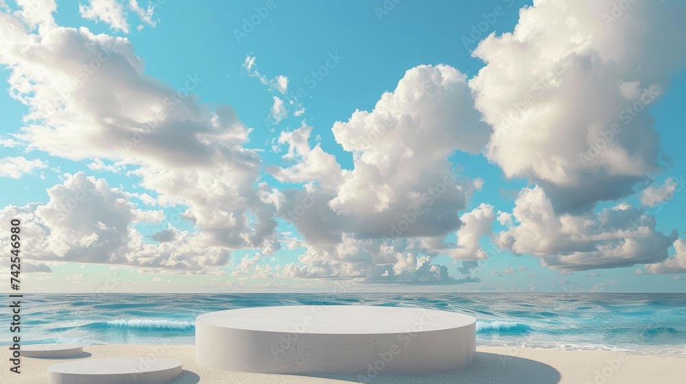 3d podium for pedestal product display, summer beach with blue sea and sky banner background. product presentation, mockup Podium