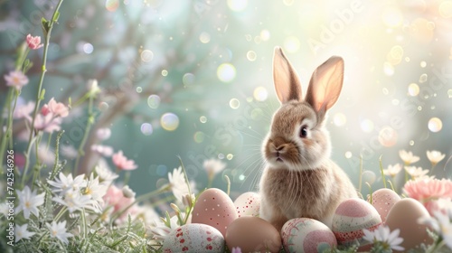 cute eater natural background with eggs and bunny and copy space for text