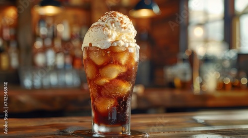 A delightful photo of a root beer float  with a scoop of vanilla ice cream floating in a glass of bubbly root beer