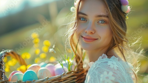 The beautiful girl in the white dress is smiling and looking at the camera in...