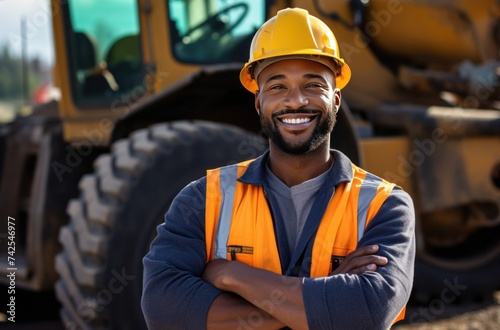 construction worker standing in front of bulldozer on a construction site