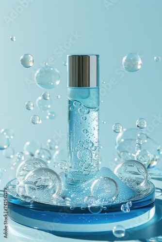 Featuring a lifelike gel bottle placed on a blue glass disc with bubbles agai...