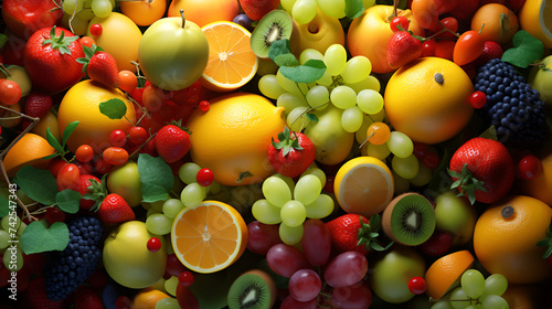 Freshness of nature bounty grape fruit tomato apple vegetable strawberry citrus lime pineapple banana generated by artificial intelligence
 photo