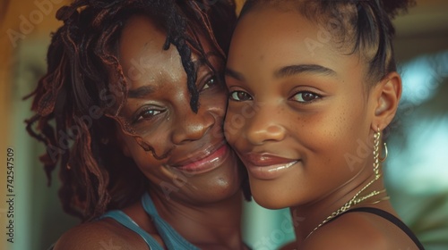 An African American mother embracing her teenage daughter with smiles