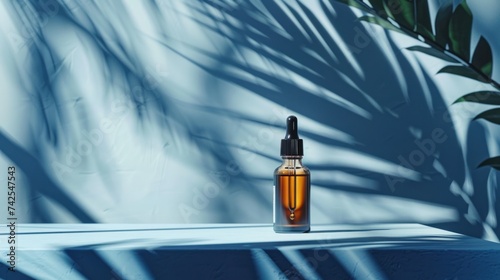 Serum mockup in a dropper bottle on a blue abstract background with play of l...