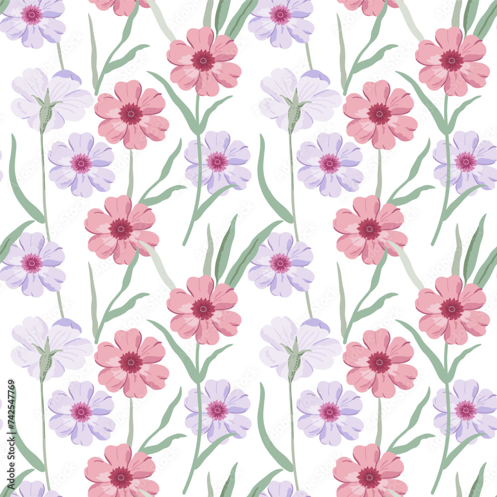 Cute floral pattern. Seamless vector texture. An elegant template for fashionable prints. Print with lilac and pink flowers.