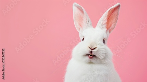Cute white bunny with a happy expression on a plain background, ideal for Easter greetings and decorations